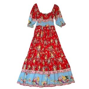 UTMIK Womens Red Floral Smocked Maxi Dress XL Tiered Square Neck Cottagecore